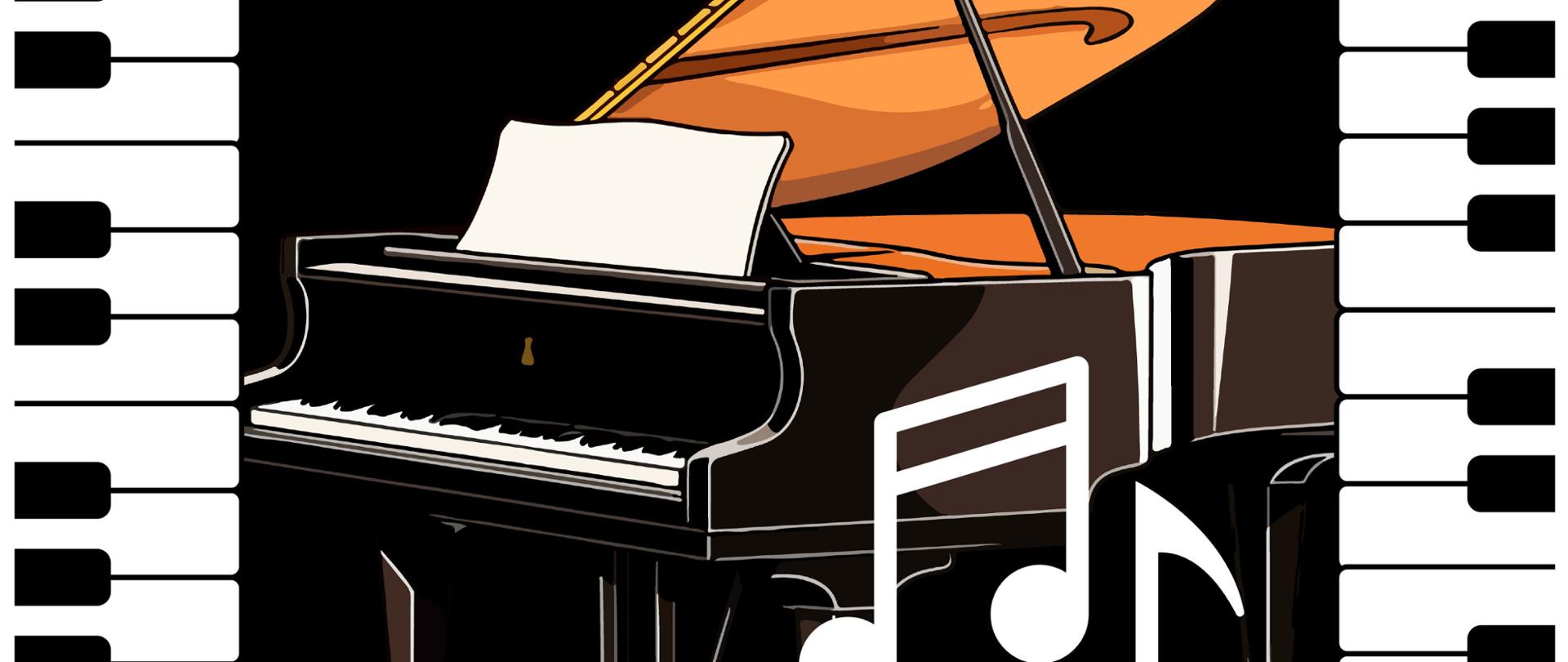 plakat Koncertu klasy fortepianu Mateusza Kowalskiego na ciemnym tle z klawiaturą po lewej i prawej stronie i fortepianem