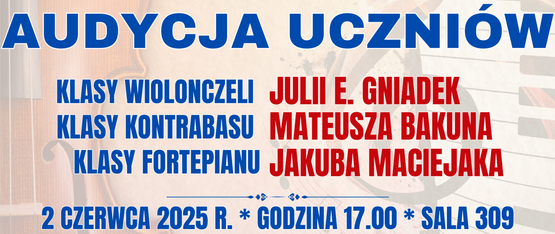 baner w tle półprzezroczysty kontrabas i klawiatura fortepianu oraz informacja o wydarzeniu