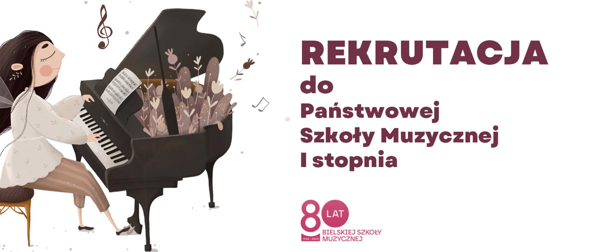 grafika - rekrutacja 2026. Białe tło, grafika rekrutacji, logo szkoły 80 lat - Bielskiej Szkoły Muzycznej