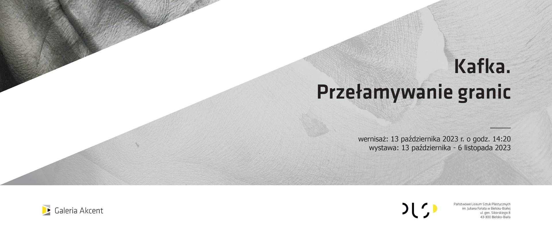 Plakat wystawy zawierający informacje o wydarzeniu, w tle fragment narysowanej ołówkiem twarzy