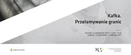Plakat wystawy zawierający informacje o wydarzeniu, w tle fragment narysowanej ołówkiem twarzy