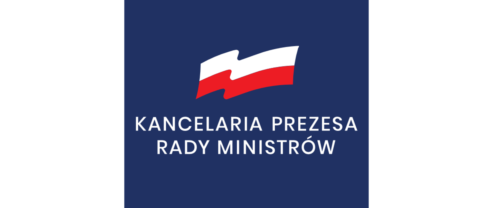 logo w pionie. piało-czerwona flaga, poniżej biały napis Kancelaria Prezesa Rady Ministrów. Tło granatowe.