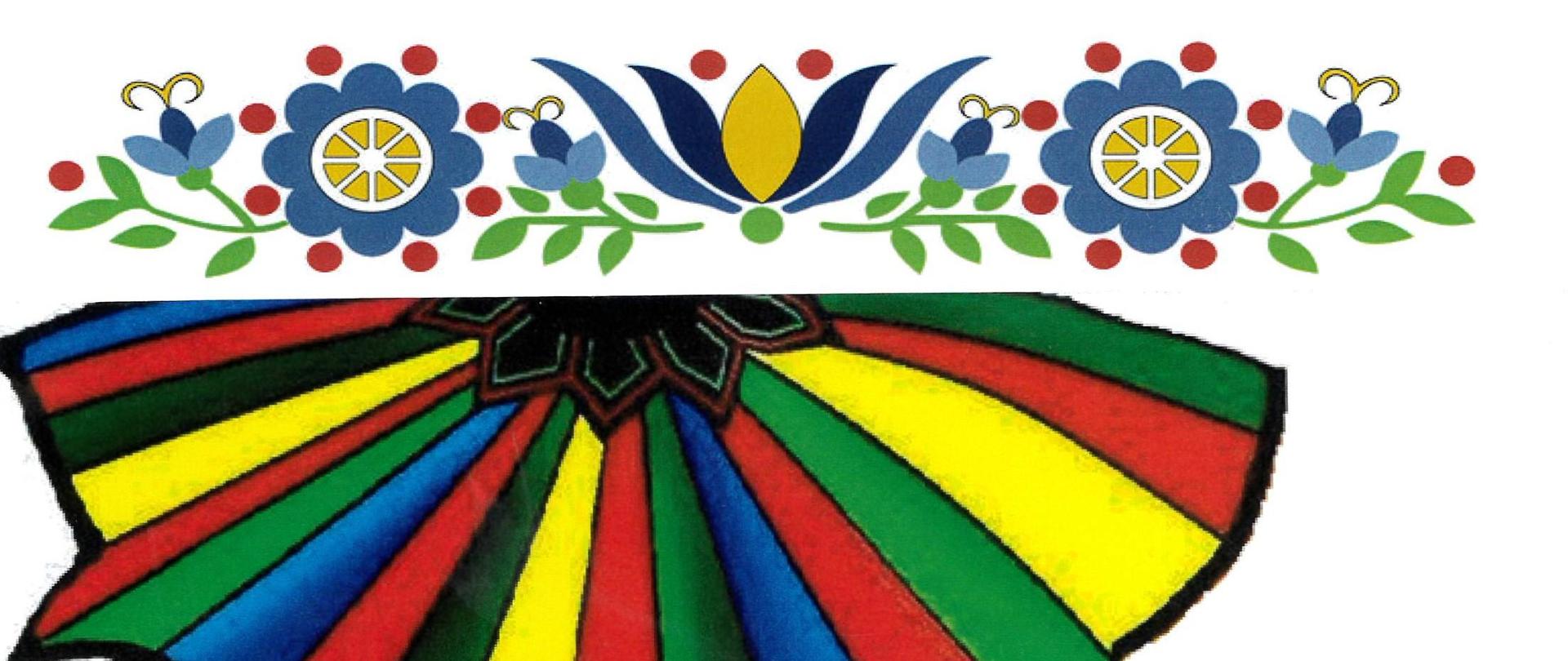 Od góry na środku w kolorze czerwonym: Koncert, poniżej data koncertu, na środku grafika ludowej spódnicy i motywu ludowego, na dole w trzech liniach napis: Zacznij oberka bez komputerka