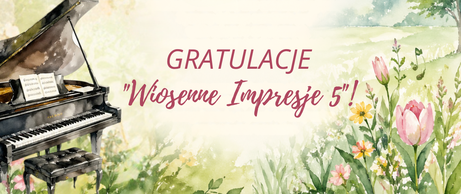 Grafika o wiosennej, akwarelowej stylistyce. Po lewej stronie widoczny jest czarny fortepian z otwartą klapą i nutami ustawionymi na pulpicie, obok stoi tapicerowany stołek. Tło jest jasne, utrzymane w odcieniach zieleni i kremu, przypominające rozmyty krajobraz. Po prawej stronie znajdują się ilustracje kwiatów – m.in. tulipanów i drobnych kolorowych roślin. Na środku obrazu umieszczony jest napis w języku polskim: „GRATULACJE ‘Wiosenne Impresje 5!’”, zapisany ozdobną, różową czcionką.