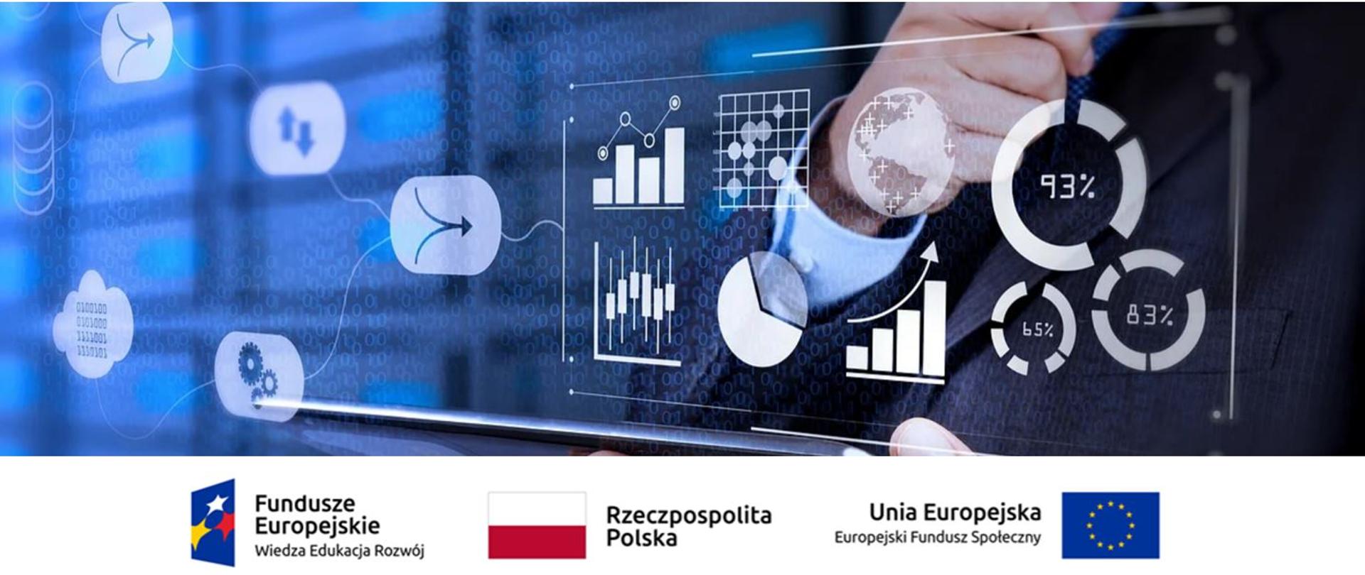Dłoń w koszuli i garniturze, trzyma otwarty tablet, na którym jest wiele wykresów na granatowym tle. Pod obrazkiem 3 loga: funduszy europejskich, flaga Rzeczpospolitej Polskiej oraz Unii Europejskiej - europejskiego funduszu społecznego.