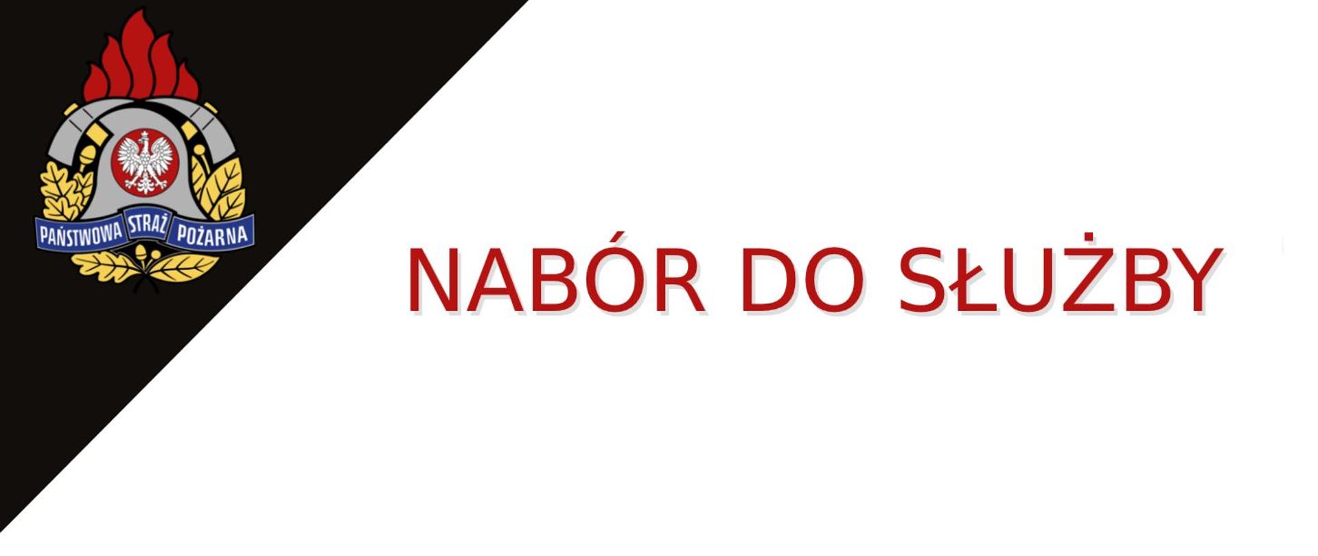 Logo PSP na czarnym tle z napisem "Nabór do służby" na białym tle.