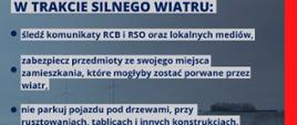 Na zdjęciu zapisane są komunikaty odnośnie co robić w trakcie silnych wiatrów