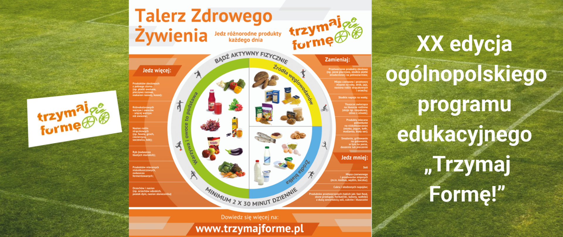 w tle zdjęcie murawy boiska piłkarskiego, po lewej stronie logo programu "Trzymaj Formę!" pośrodku talerz zdrowego żywienia, po prawej stronie napis: XX edycja ogólnopolskiego programu edukacyjnego "Trzymaj Formę!"