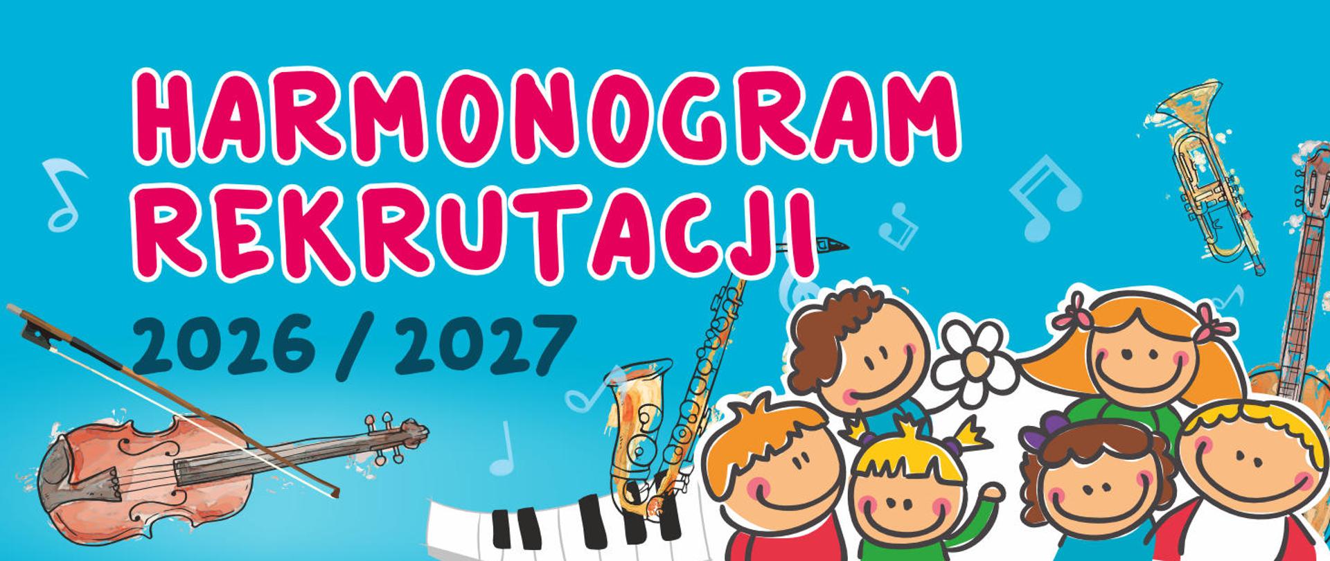 Baner przedstawia czerwono czarne napisy na niebieskim tle, w prawym dolnym rogu graficzne przedstawienie grupki dzieci w otoczeniu instrumentów oraz nut. Po lewej stronie skrzypce oraz fragment klawiatury fortepianu. 
