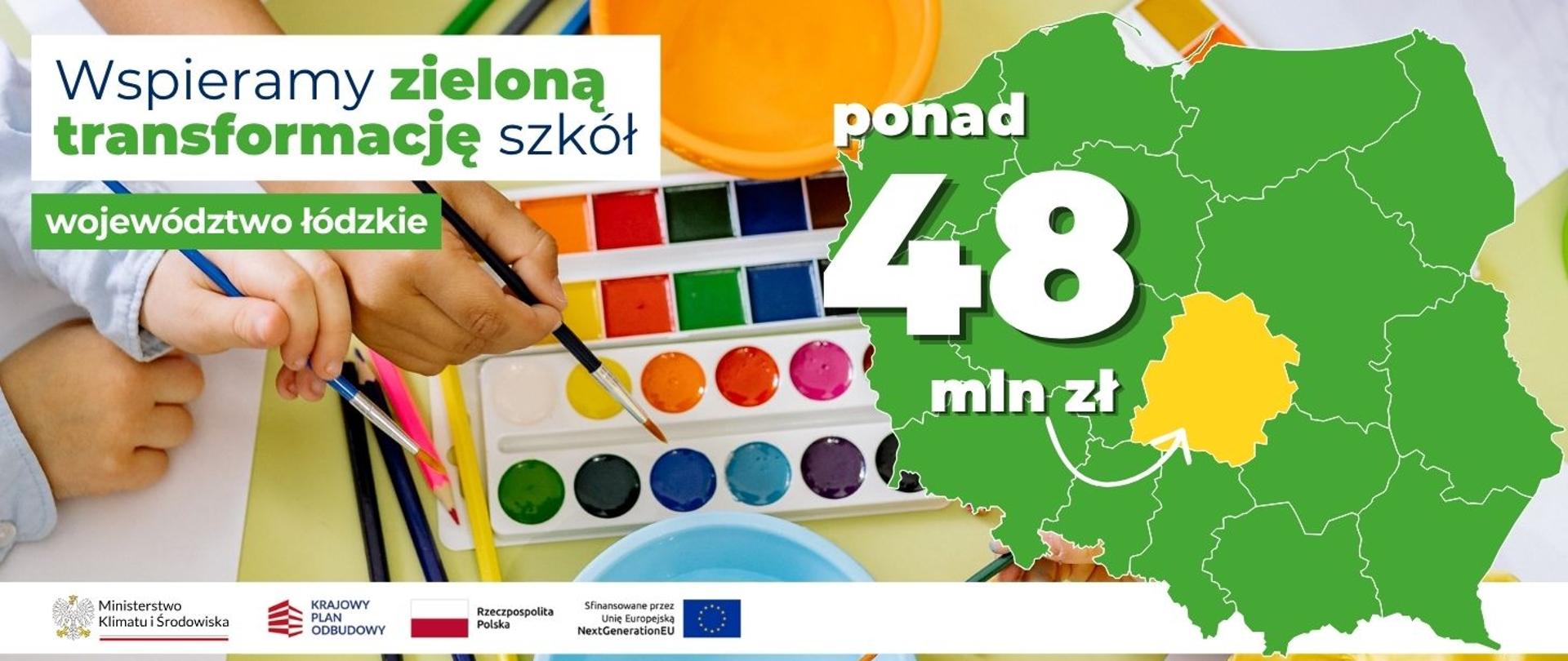 na banerze po lewej stronie widnieje napis: Wspieramy zieloną transformację szkół województwo łódzkie. Po prawej stronie widoczna jest mapa Polski z zaznaczonym na żółto woj. łódzkim i napisem ponad 48 mln zł. 
