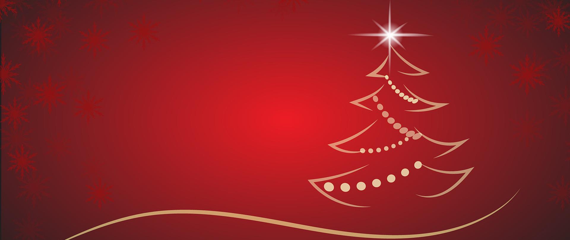 Czerwona kartka ze złotą choinką i płatkami śniegu