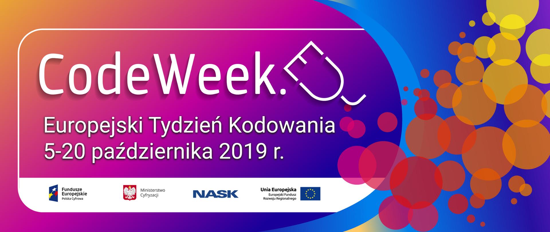 Ilustracja zawiera napis: CodeWeek. Europejski Tydzień Kodowania 5-20 października 2019 r. Wszyscy gotowi? Można zaczynać! Znamy datę #CodeWeek2019.