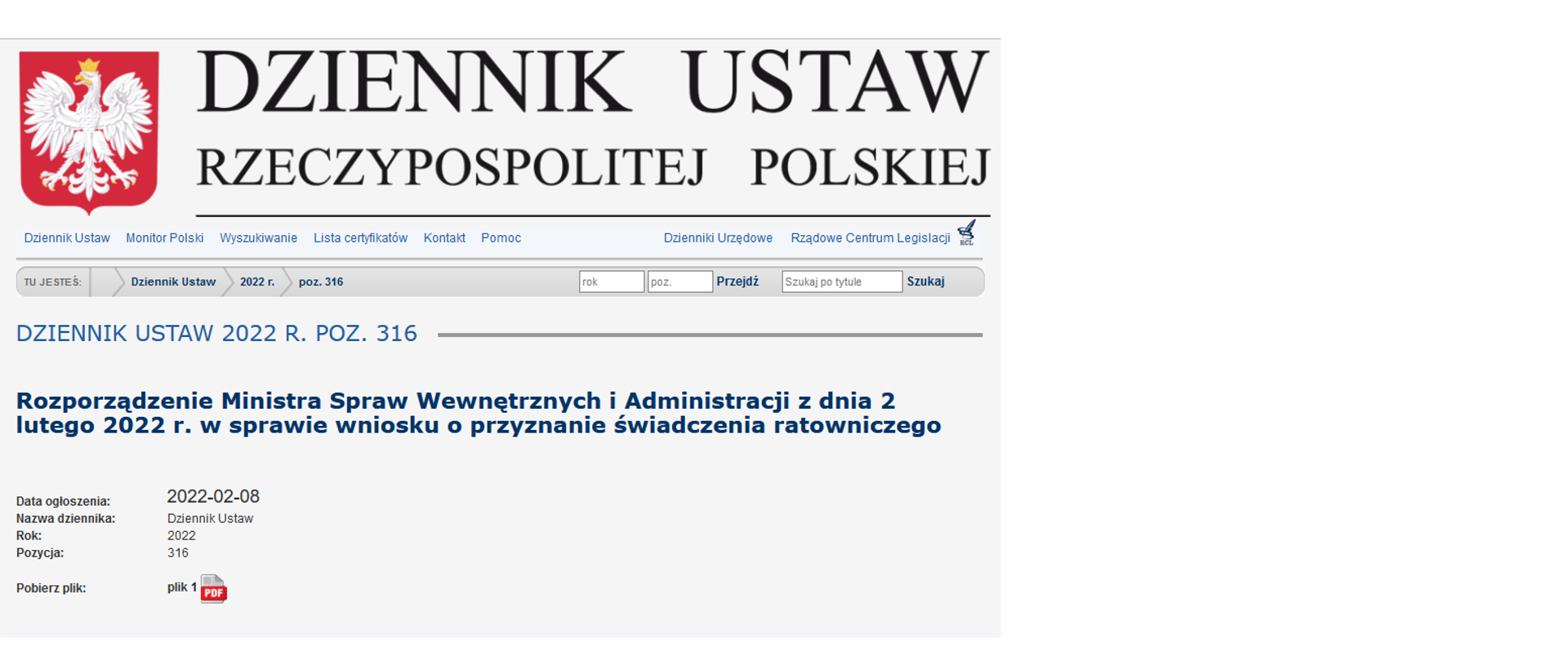 Dziennik Ustaw dot. przyznania świadczenia ratowniczego
