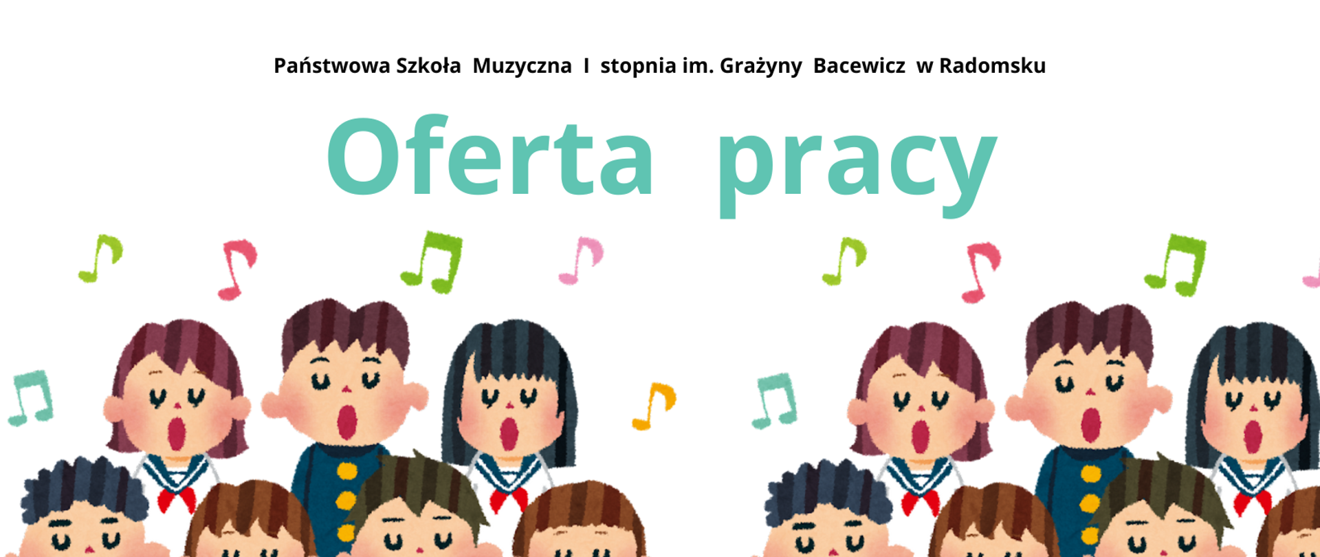 Na białym tle znajdują się napisy informacyjne w kolorze czarnym i niebieskim , grafiki nut w kolorach zielonym, różowym, niebieskim, zielonym oraz dwie grupy ( po siedem osób ) śpiewających dzieci ubranych w białe i granatowe mundurki z czerwonymi chustkami ( dziewczynki) i żółtymi guzikami ( chłopcy).