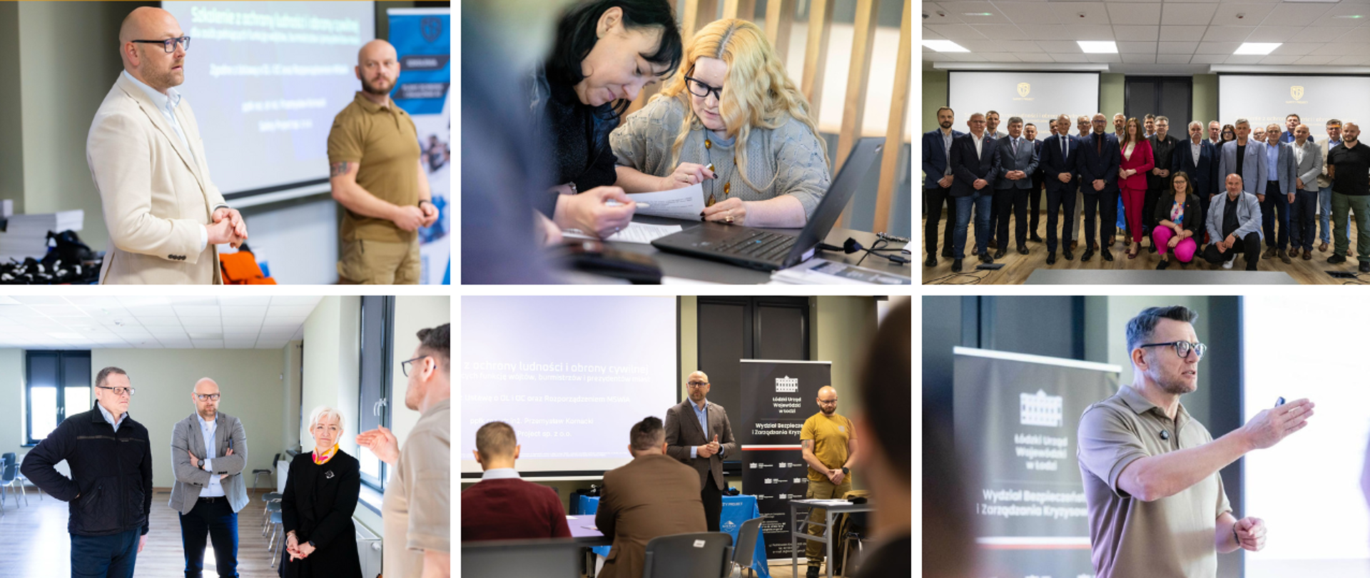 Kolaż sześciu zdjęć ze szkoleń z zakresu ochrony ludności i obrony cywilnej 