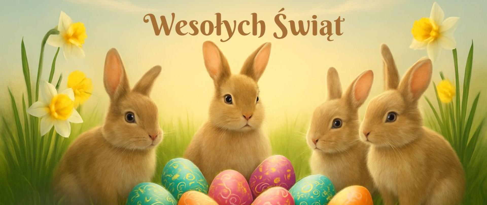 Ilustracja przedstawia cztery małe, jasnobrązowe króliki siedzące na zielonej trawie. Przed nimi znajdują się kolorowe, ozdobione pisanki w odcieniach niebieskiego, różowego, pomarańczowego i zielonego. W tle widać żółte kwiaty przypominające żonkile oraz delikatne, wiosenne światło. Na górze widnieje napis „Wesołych Świąt”.