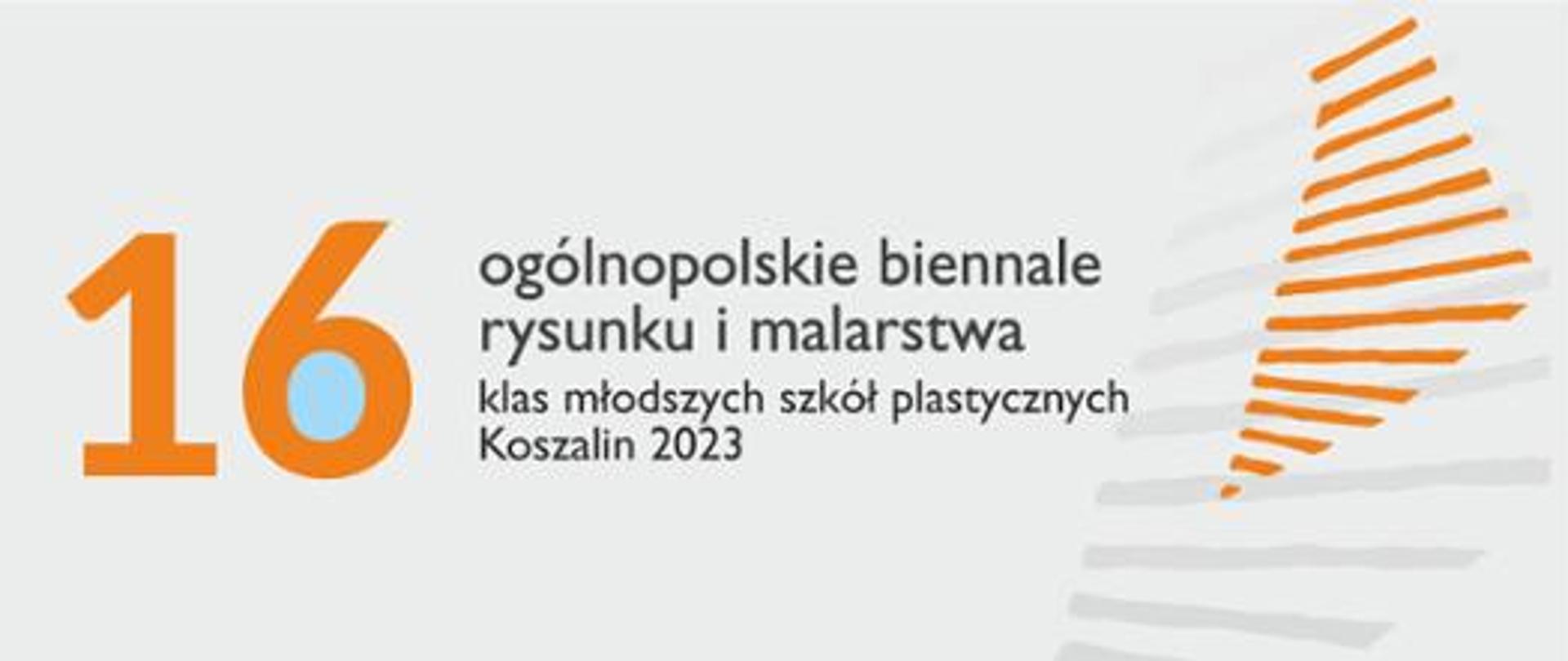 Baner w kolorystyce biało-pomarańczowo-czarnej zawierający napis 16 Ogólnopolskie Biennale Rysunku i Malarstwa Klas Młodszych Szkół Plastycznych Koszalin 2023 oraz element graficzny w postaci rozchodzących się promieni ujętych w formę zbliżoną do trójkąta