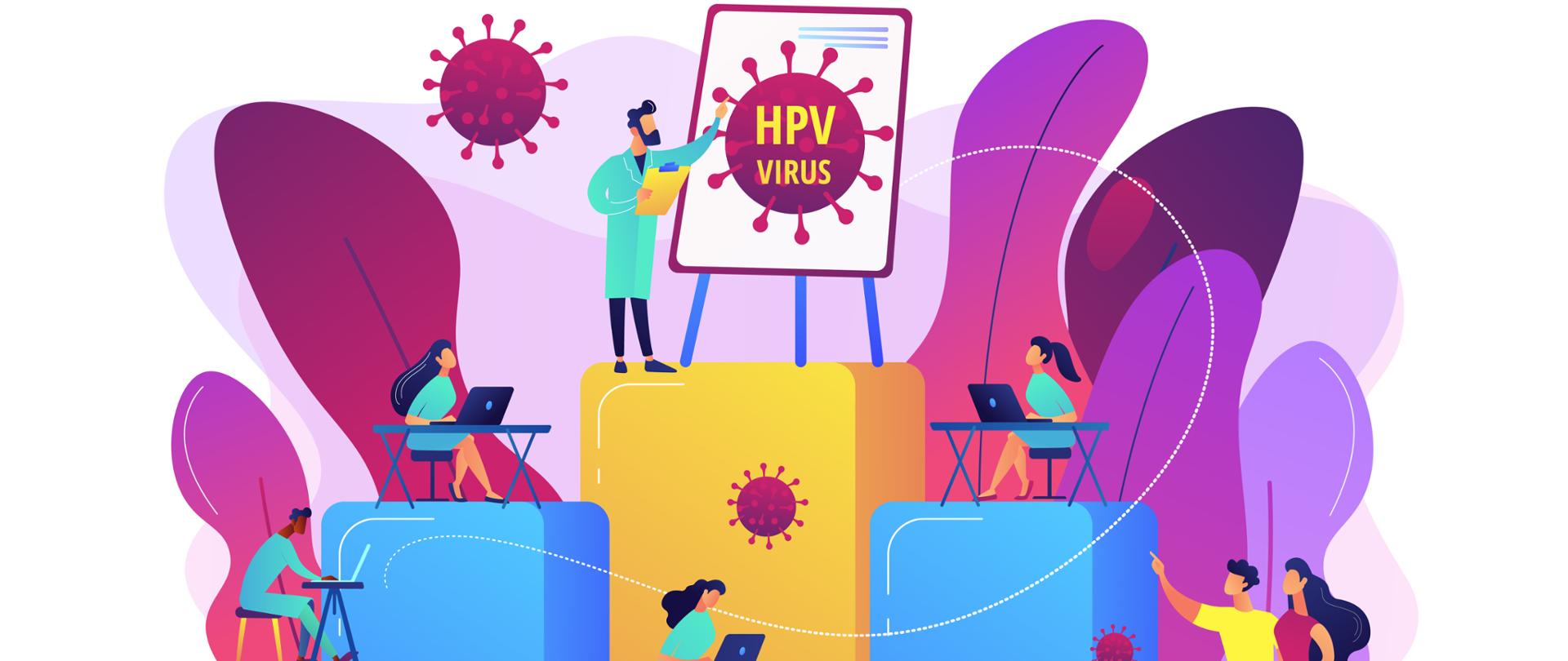Infection prevention and treatment learning. HPV education programs, human papillomavirus education course, HPV online consultation concept. Bright vibrant violet vector isolated illustration