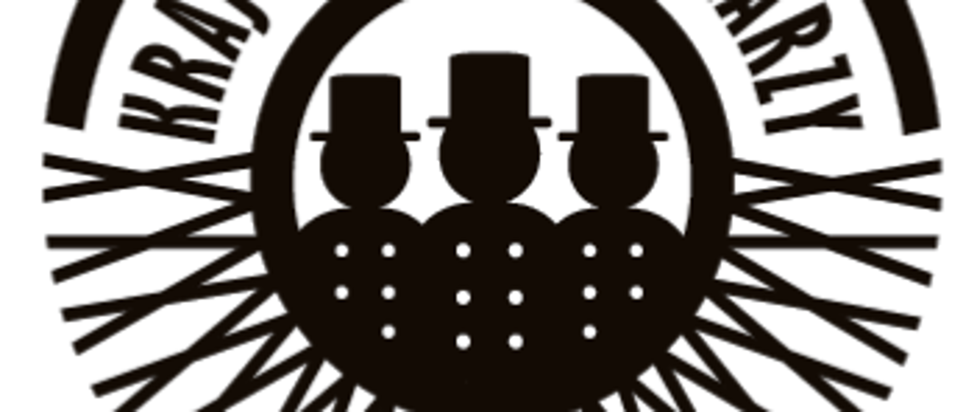 Logo w kolorze czarnym na białym tle w kształcie koła, u góry napis Krajowa Izba Kominiarzy, w środku w mniejszym kole sylwetki trzech kominiarzy.