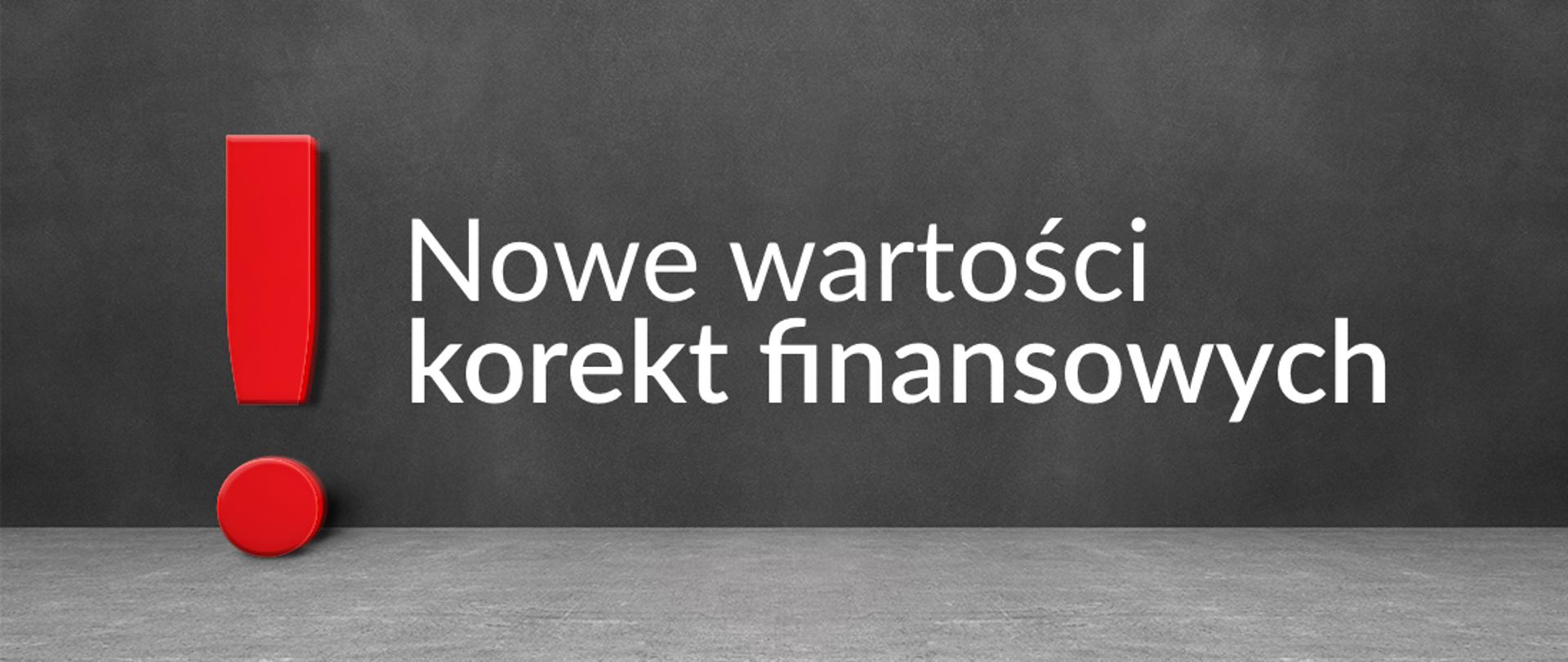 Baner o treści: "Nowe wartości korekt finansowych" przedstawiający czerwony wykrzyknik na marmurowym tle.