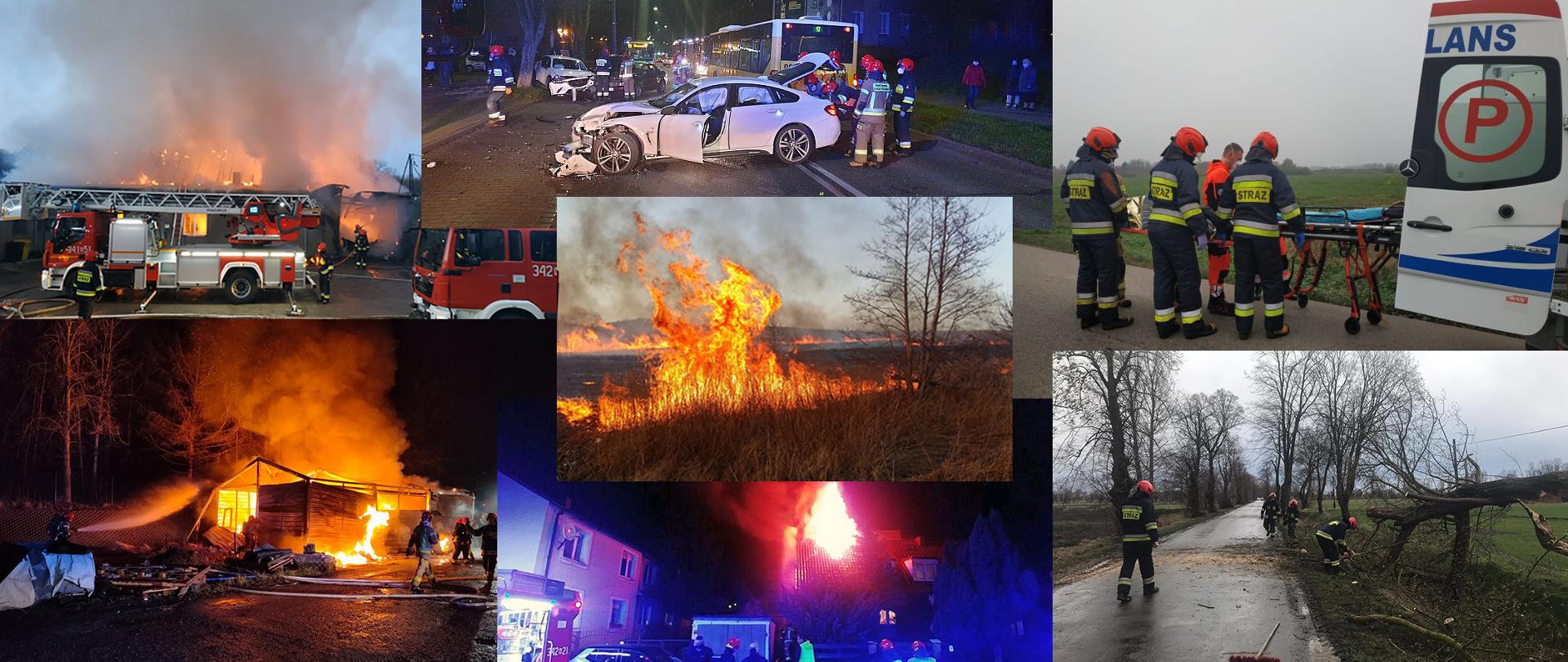 Kolaż stworzony z różnych zdjęć, które stanowiły ilustracje do artykułów z interwencji straży w 2020 roku. Głównie zdjęcia przedstawiające pożary budynków, rozbite w wypadkach samochody i połamane drzewa.