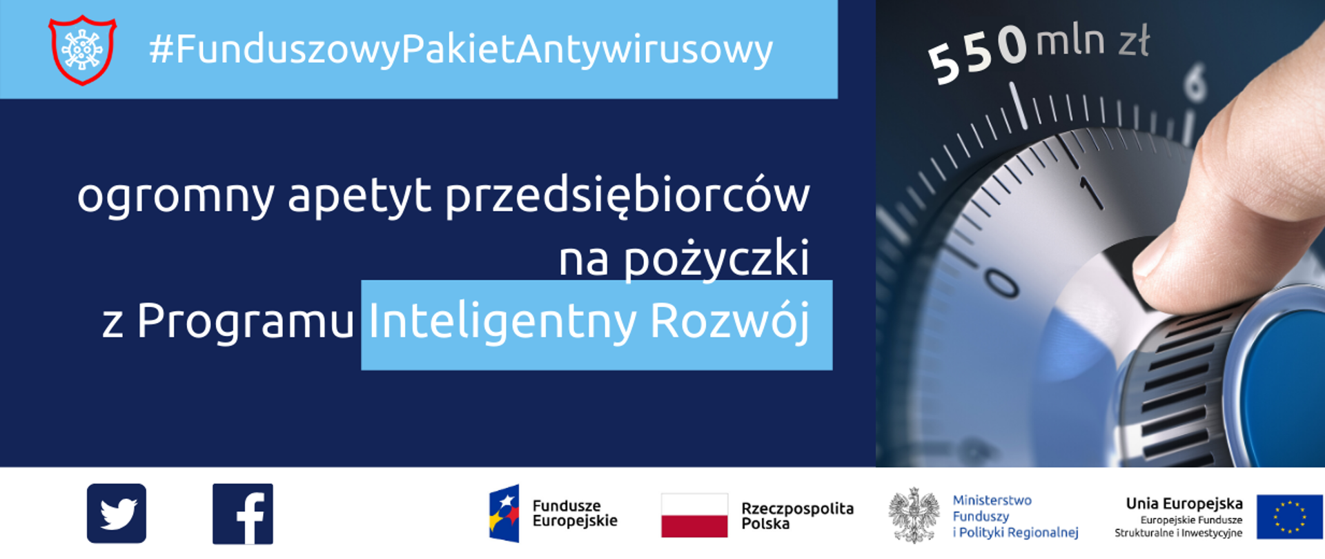 Na grafice napis: ogromny apetyt przedsiębiorców na pożyczki z programu Inteligentny Rozwój. Obok zdjęcie pokrętła, i palca. Nad nim napis: 550 mln zł.