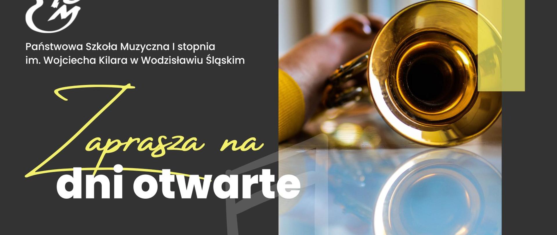 Plakat na ciemnym tle z napisem PSM Zaprasza na dni otwarte, 20-21 kwietnia 2023 godz. 14:00-18:00, Koncert uczniów PSM 20 kwietnia godz. 17:00