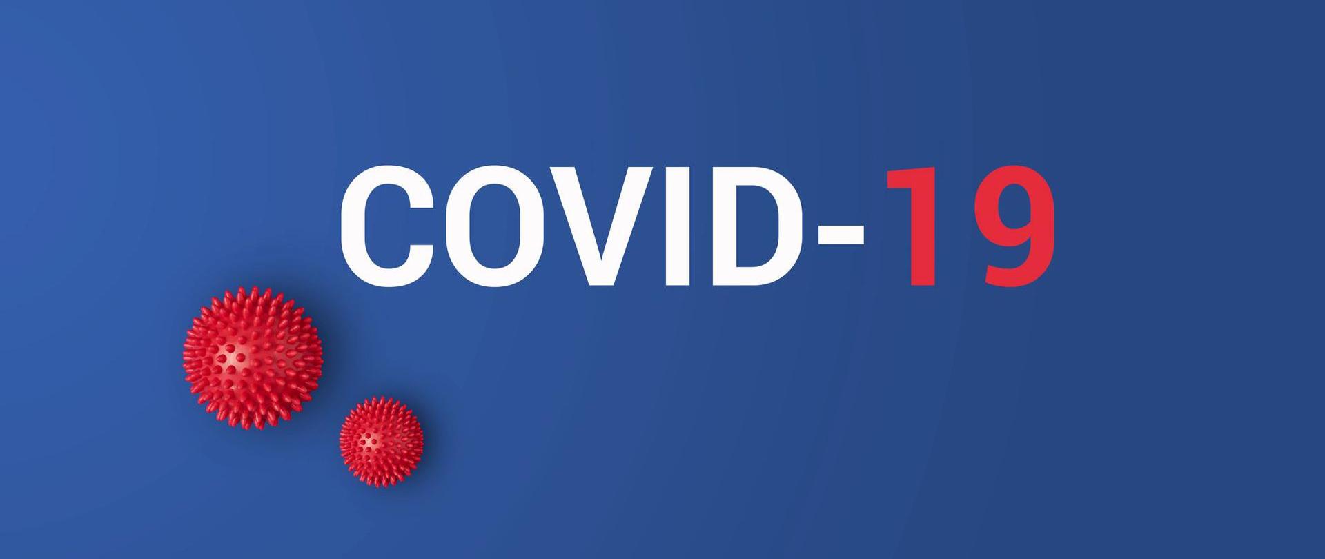 Logotyp. Na niebieskim tle biały napis COVID-19.