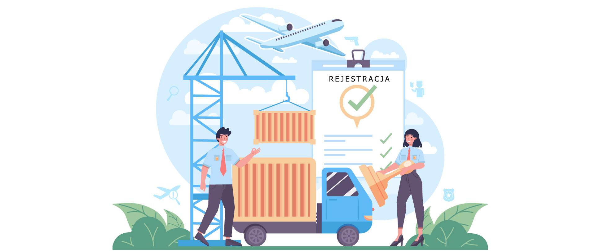 Grafika przedstawiająca samochód dostawczy, samolot oraz dwóch urzędników z których jeden trzyma dużą pieczątkę. W tle formularz do rejestracji. 