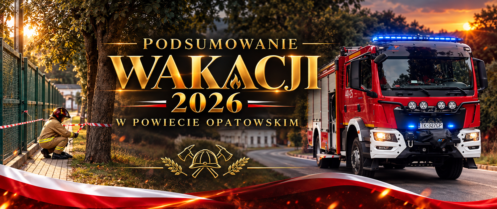 Na banerze widać auto pożarnicze i strażaka usuwającego owady. Jest też napis "Podsumowanie wakacji 2026 w powiecie opatowskim"