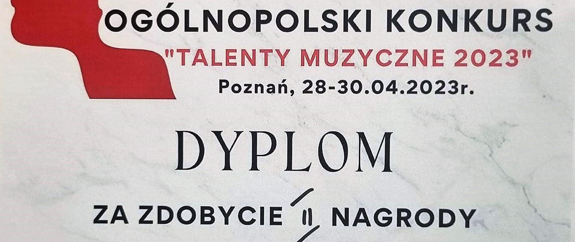 dyplom z informacją o zdobyciu II nagrody, na górze grafika konturu twarzy oraz pięciolinii z nutami, całość na białym tle