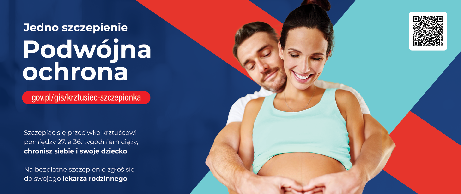 informacja o szczepieniu przeciwko krztuścowi dla kobiet w ciąży, mężczyzna czule obejmujący kobietę w ciąży.