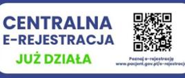 Grafika przedstawia informacje na temat nowego systemu "Centralna e-rejestracja". System ten służy do umawiania się na badania i do lekarzy specjalistów
