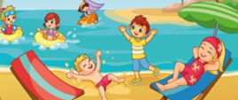 Obrazek to ilustracja przedstawiająca radosną, wakacyjną scenę na plaży, promującą ideę "Bezpiecznych wakacji!". Grafika jest utrzymana w stylu kreskówkowym, z jaskrawymi i przyjemnymi dla oka kolorami. Na plaży i w wodzie widać bawiące się wesołe dzieci, na plaży znajdują się leżaki, kolorowa piłka i parasol plażowy. Plaża jest piaszczysta, a woda ma niebieskie odcienie, z delikatnymi falami. Cała kompozycja obrazka jest dynamiczna i pozytywna, ma za zadanie promować bezpieczny i radosny wypoczynek podczas wakacji, szczególnie w kontekście aktywności nad wodą i na plaży.
