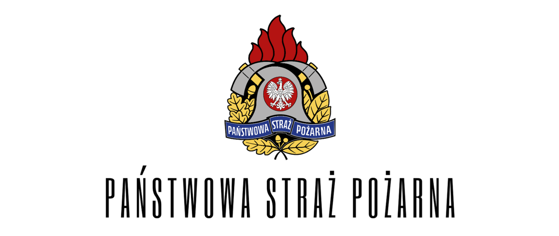 Zdjęcie przedstawia logo Państwowej Straży Pożarnej na białym tle. pod spodem podpis Państwowa Straż Pożarna