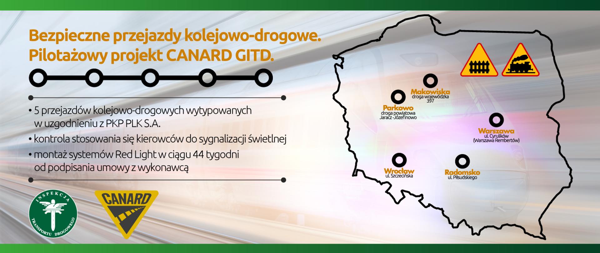 Mapa Polski, na której zaznaczono 5 przejazdów kolejowo-drogowych, na których zostanie zamontowany system Red Light.