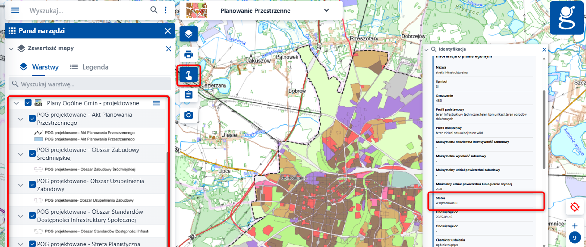 zrzut z serwisu www.geoportal.gov.pl prezentujący usługę z projektowanymi POG