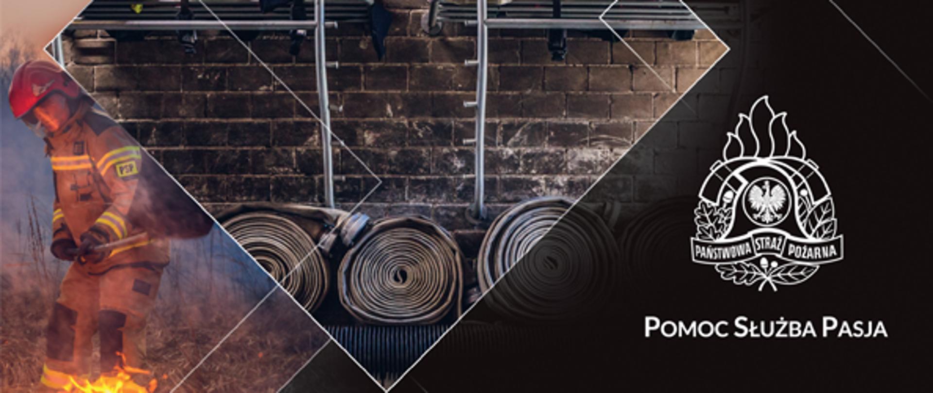 Projekt kalendarza PSP na 2021 rok przedstawiający strażaka gaszącego trawę sprzęt strażacki na półce. Wszystko jest na czarnym tle z kalendarzem.