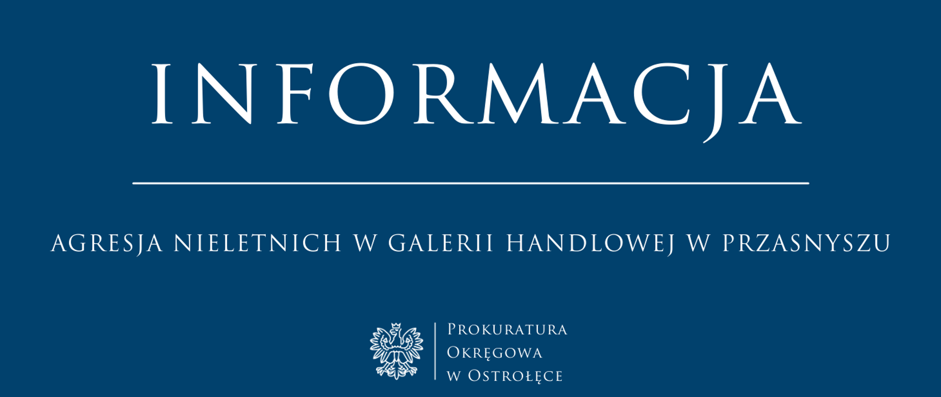 Biały napis Informacja AGRESJA NIELETNICH W GALERII HANDLOWEJ W PRZASNYSZU na niebieskim tle