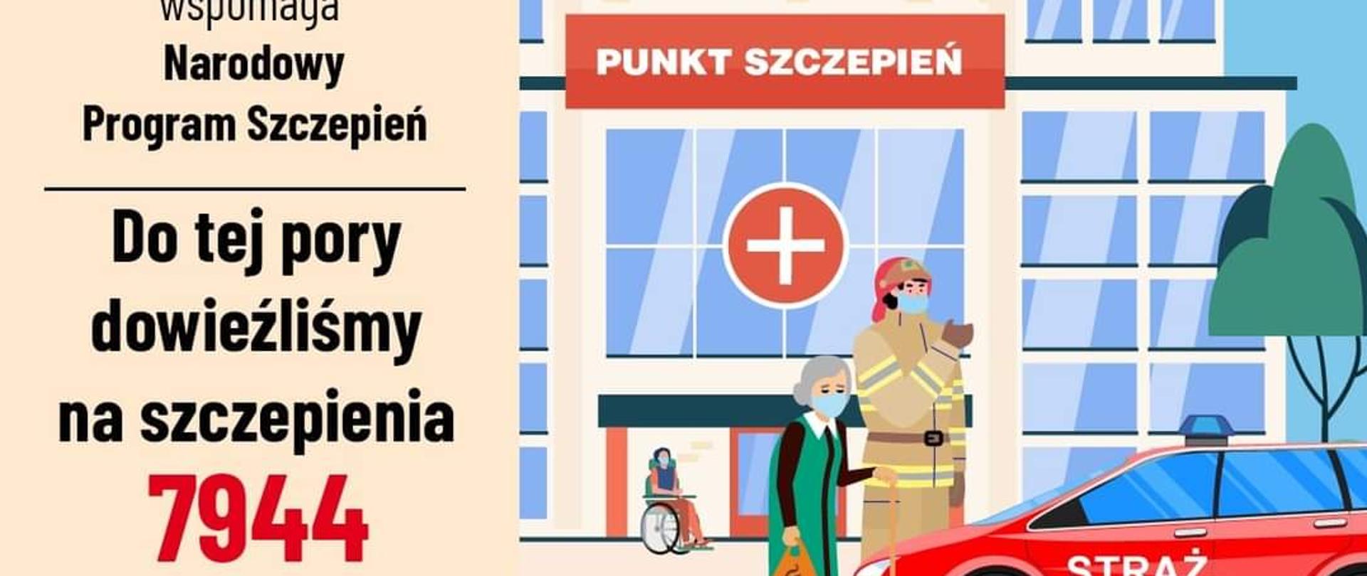 Plakat na którym znajduje się liczba 7944, która mówi o ilości osób którym Straż Pożarna pomogła dotrzeć na szczepienia