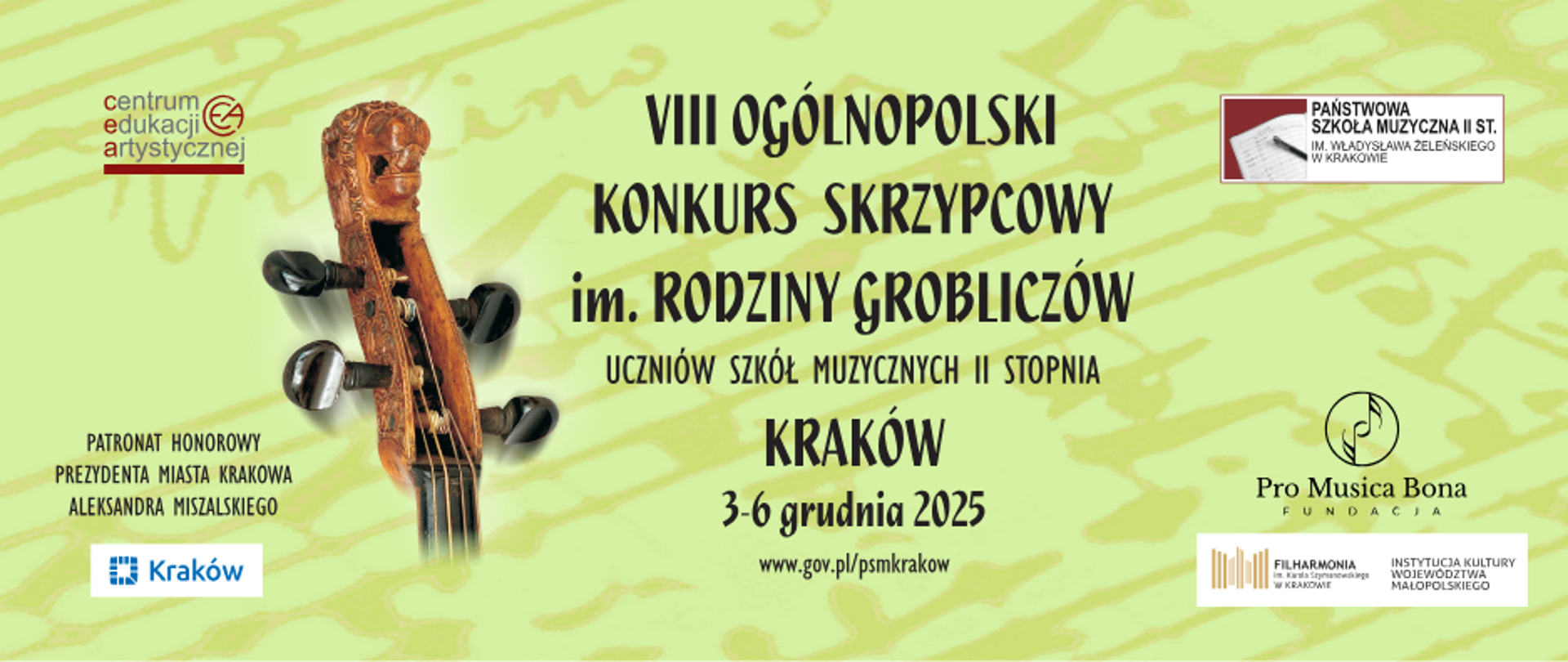 VIII Ogólnopolski Konkurs Skrzypcowy im. Rodziny Grobliczów 3-6.12.2025- zielony plakat z główką skrzypiec
