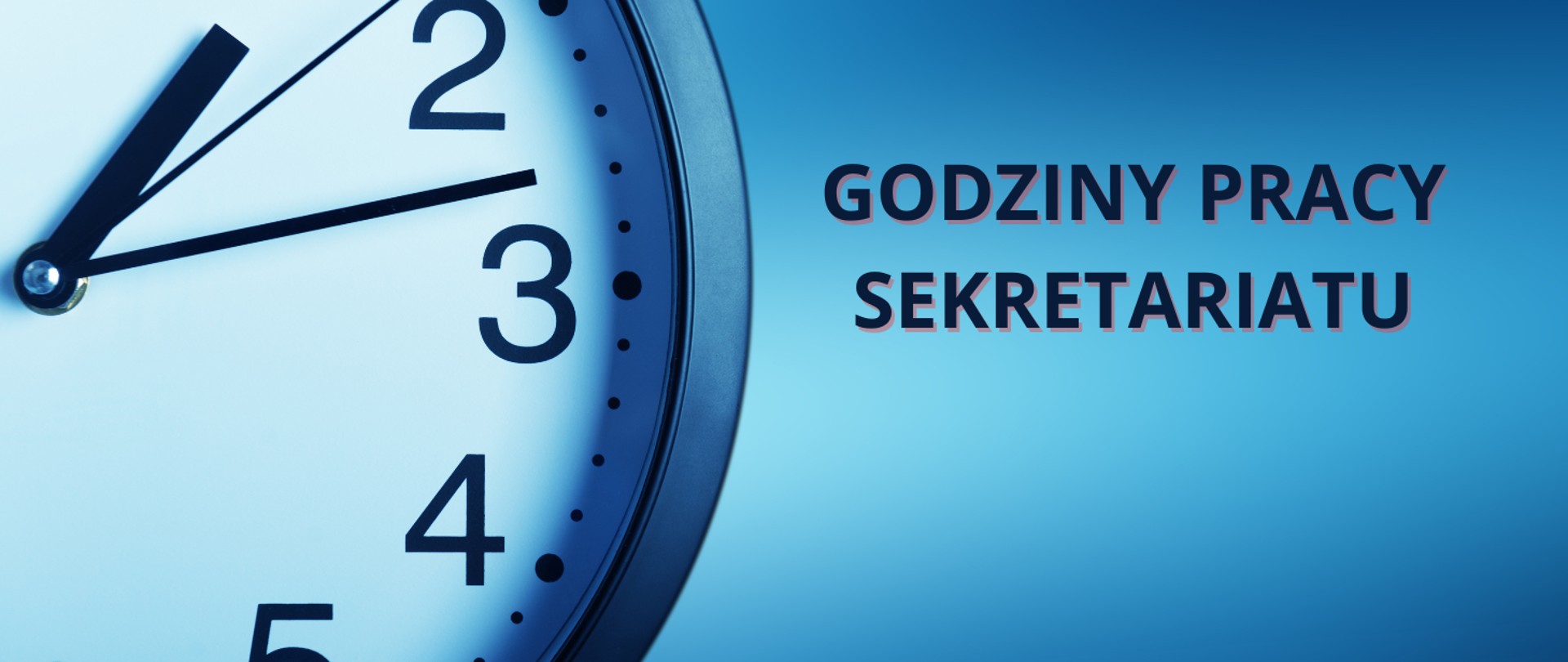 niebieski baner, po prawej napis, po lewej zegar