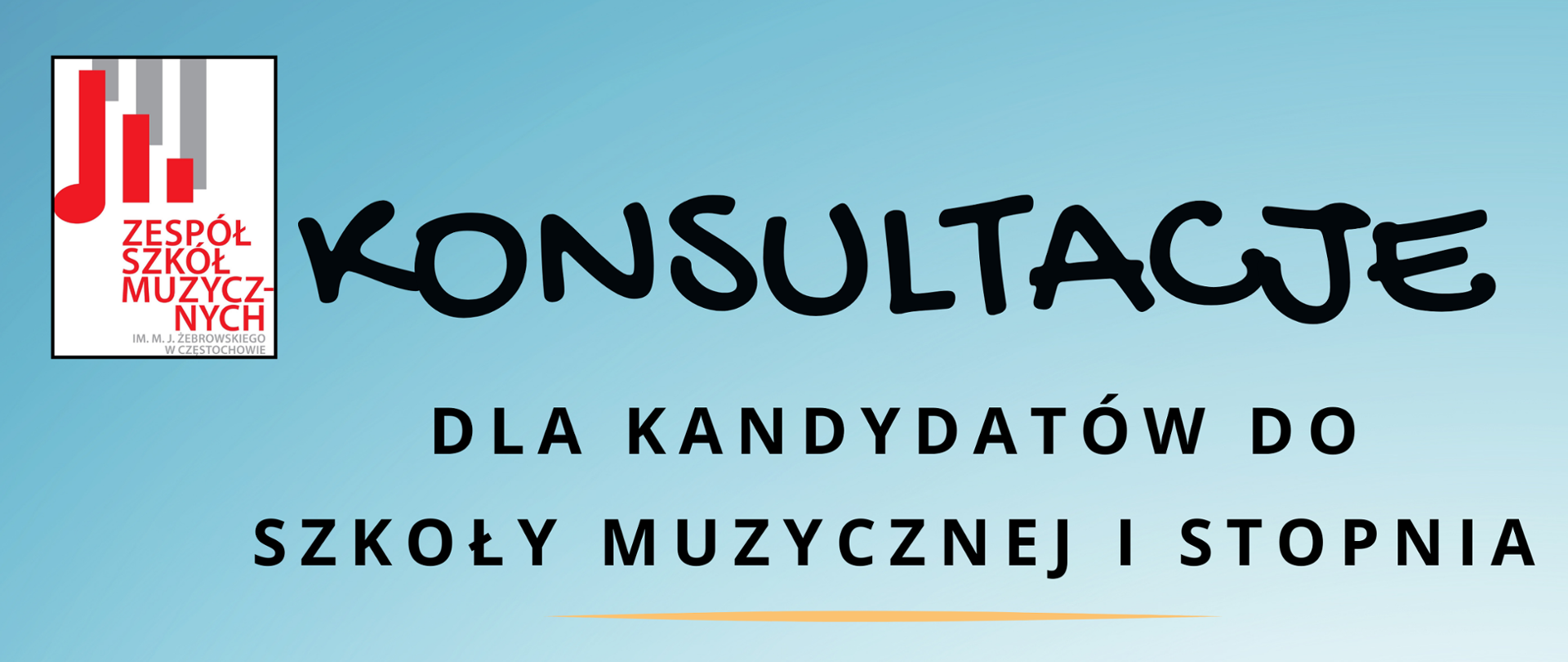 Błękitne tło, po prawej stronie zdjęcie różnych instrumentów, po lewej na górze logo szkoły, informacje dotyczące konsultacji dla kandydatów do szkoły muzycznej I stopnia