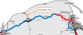 Na mapie widać przebieg drogi krajowej nr 21 na odc. Słupsk - Ustka