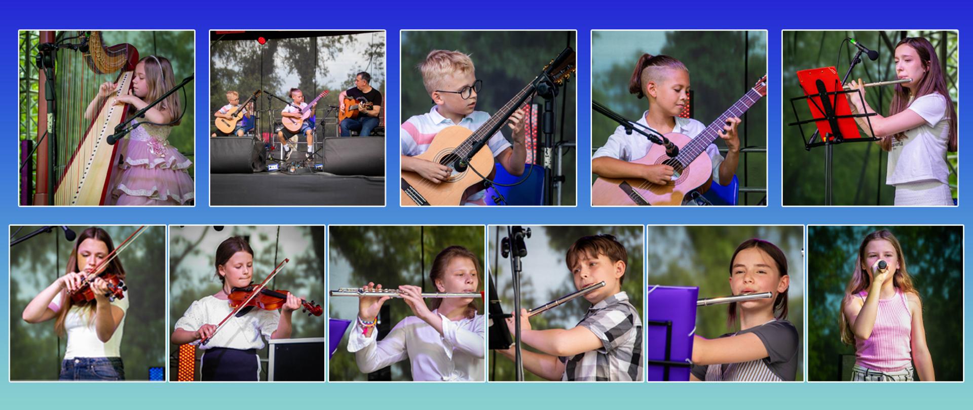 Collage 11 zdjęć, na każdym dziecko grające na instrumencie muzycznym.