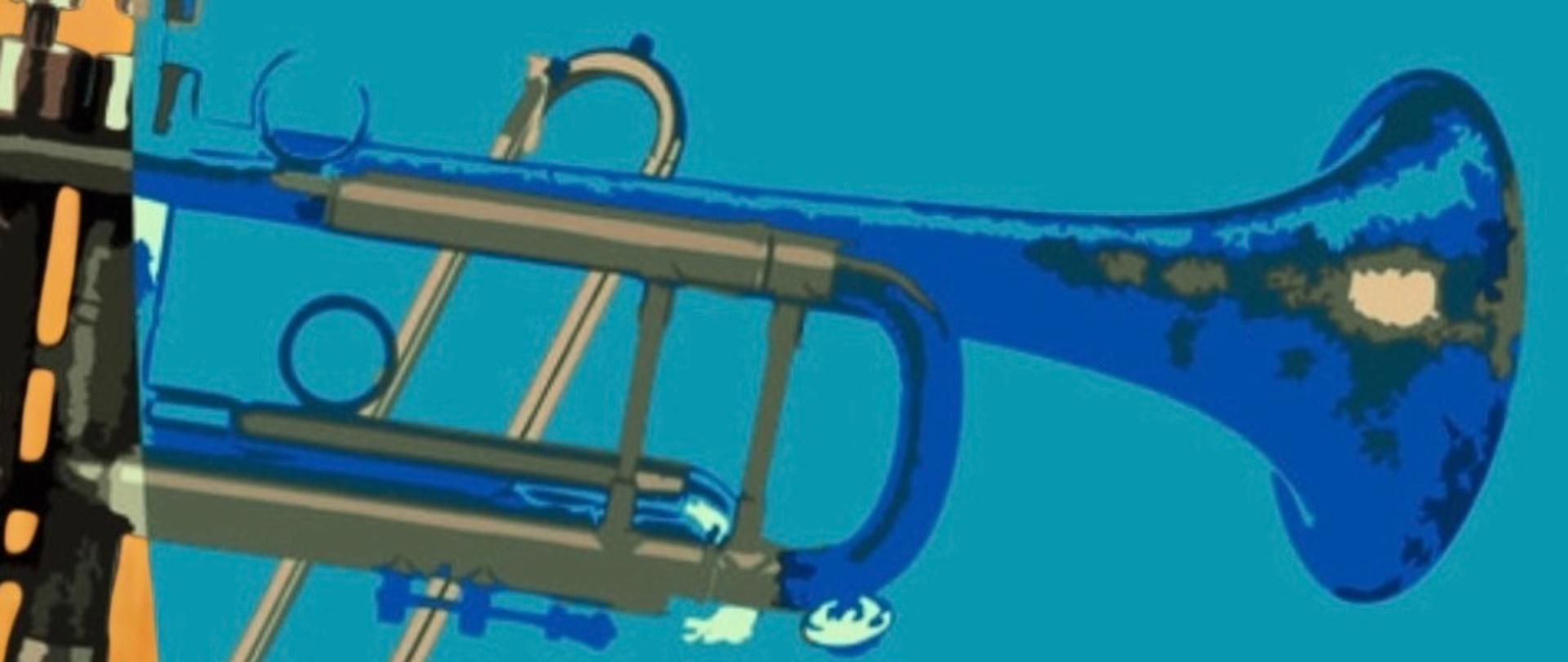 Na pomarańczowo-niebieskim tle grafika przedstawiająca instrumenty dęte blaszane. W centralnej części napis "Ogólnokształcąca Szkoła Muzyczna I i II st. im. Henryka Wieniawskiego w Łodzi. 2 MARCA 2026 ŁÓDŹ. IV REGIONALNE KONFRONTACJE uczniów klas instrumentów Dętych Blaszanych Szkół Muzycznych I i II stopnia".