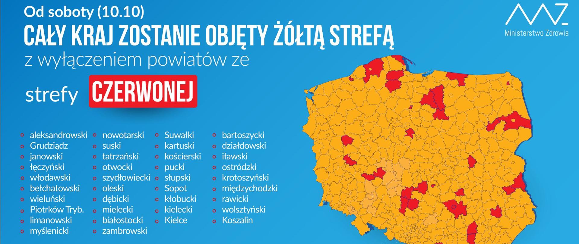 Mapa Polski cała żółta z wyłączeniem powiatów ze strefy czerwonej 