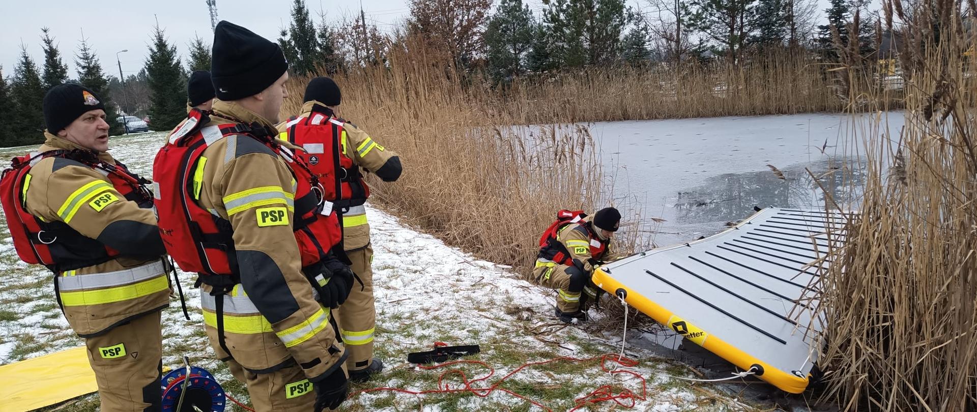 ratownicy stojący na brzegu stwau