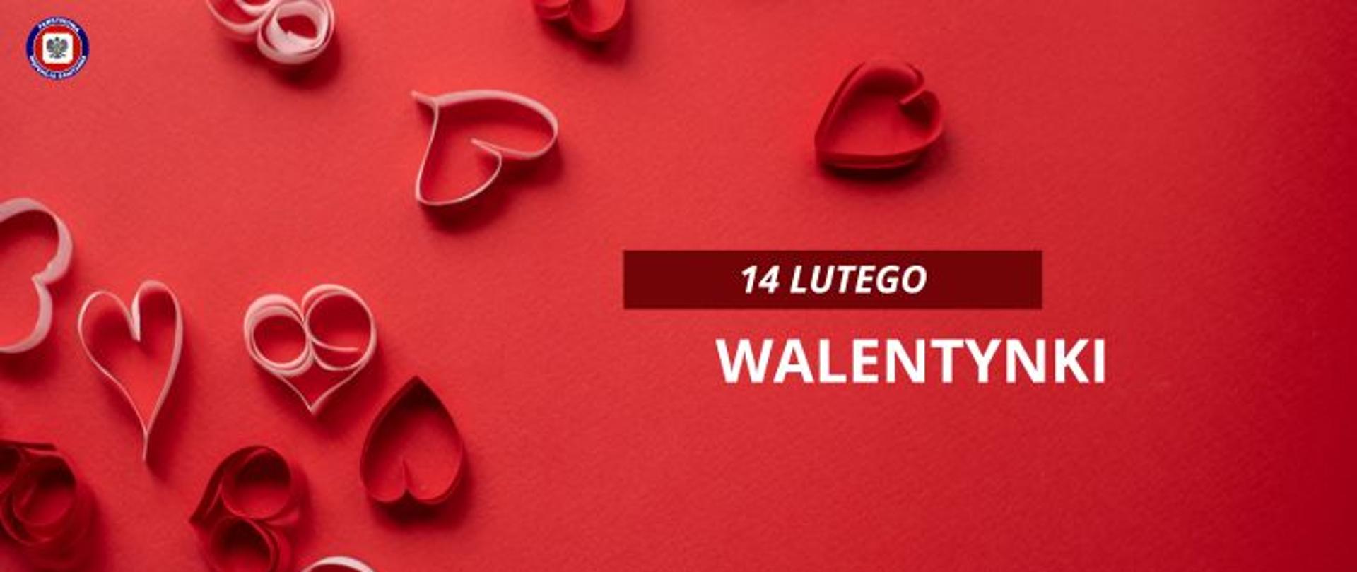 Na czerwonym tle po lewej rozsypane serca z papieru, po prawej jasny napis 14 lutego a poniżej walentynki. W lewym górnym rogu logo Państwowej Inspekcji Sanitarnej.