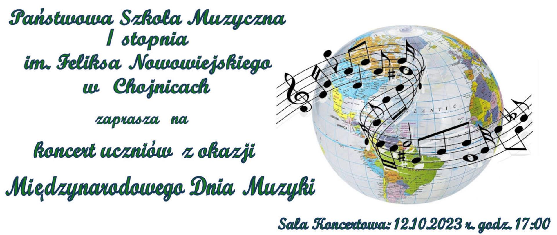 Zdjęcie przedstawia informację o koncercie uczniów, który odbędzie się dnia 12 października o godzinie 17:00 z okazji Międzynarodowego Dnia Muzyki